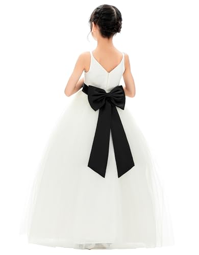 Ivory V-Neck Tulle Flower Girl Dress with Tiebow for Pageant Wedding 218noFT2