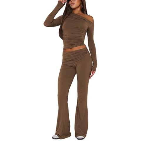 MAYFASEY Women's One Shoulder Sexy Slim Fitted Y2K Fashion Top Shirt High Waist Bell Bottoms Casual Outfits Pajamas Fashion Clothes Brown S Cover