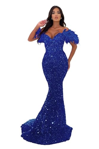 Image of Sequin Feathers Mermaid Prom Dresses 2026 Off Shoulder Sparkly Long Formal Evening Party Gowns with Train