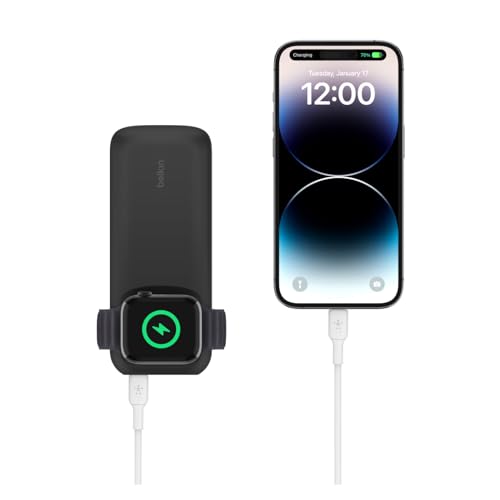 Belkin Wireless Charger Apple Watch Power Bank 10K with 12-inch USB-C to USB-C Cable, 33% Faster Charging - Simultaneous Charging for Apple Watch Series 9, iPhone 15, and More - 20W USB-C PD - Black
