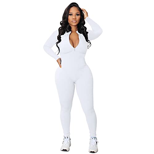 MOMBIY Mono de manga larga con cremallera y cuello en V para mujer, talla S, Blanco, S