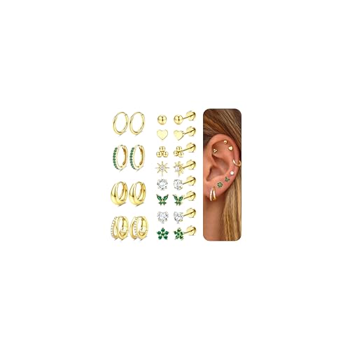 CASSIECA 12 Pairs Boucles d'Oreilles Femme Or Piercing Oreille Acier Inoxydable Boucle d'Oreille Femmes Or 14K Creoles Piercing Helix Tragus Hypoallergénique...