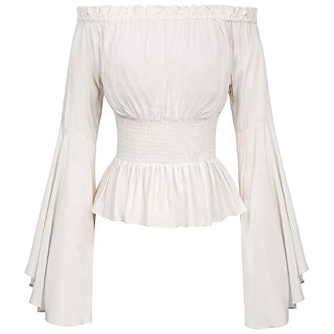 Women Vintage Blouse Ruffle Smocked Waist Boho Tops Shirts Medieval Off Shoulder Tops White Cover