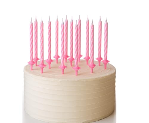 Storm&Lighthouse 24x Pink Party Candles with Candle Holders for Birthday Cakes Pink Spiral Celebration Candles