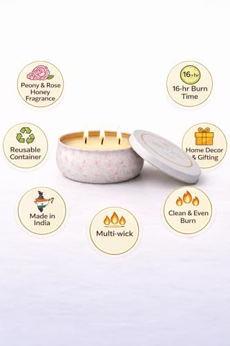Image of Peony & Rose Scented Multi-Wick Tin Candle | Reusable Printed Tin Container - 5 x 2 inch | 16 Hour Burn Time | Lead-Free Wicks | Home Decor & Gifting