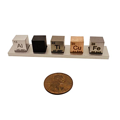 Image of Element 10mm Cube Set 5 PCS - Titanium Copper Aluminum Iron Carbon - with Display (95.0-99.95 Purity Ti Cu Al Fe C)