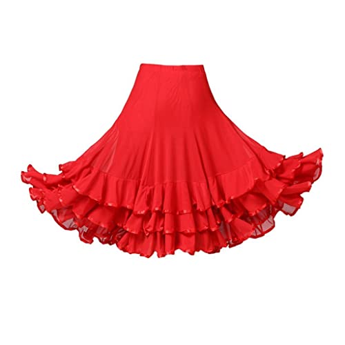 Jupe de danse latine rouge fluide en polyester mi-longue pour entrainement flamenco
