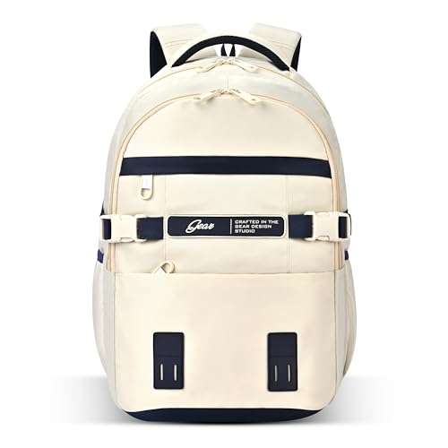 Image of Gear Elegant 19 inch /35L Large Water Resistant School Bag | Casual Backpack | Daypack | Travel Backpack | Kids Bag for Boys /Girls (Beige - Navy)