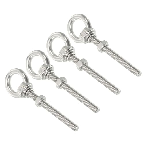 Image of uxcell M5*60 3 /16 inchx2.36 inch Stainless Steel Eye Bolts Threaded Screw Eyebolt Shoulder Ring with Nuts Washers for Lifting Hanging, 4 Set
