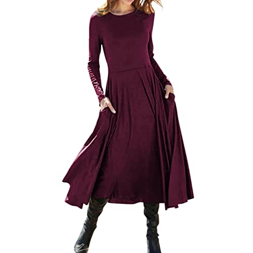 Maxi Dress for Women Long Sleeve Holiday Dresses for Women Formal Summer Dress for Women Maxi Fall Knee-Length Casual Half Sleeve Dress with Pocket Floral A-Line Party Swing Dress Wine