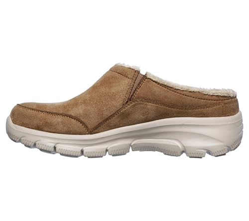 Image of Skechers Women's Clogs - Relaxed Fit: Easy Going - Latte-Twin Gore Open Back Suede Fur Slip-On Clogs with Air Cooled Insole