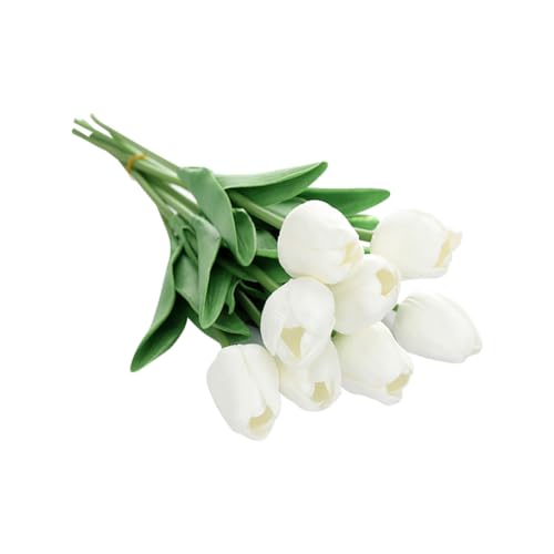 JIHUOO 10 Pcs 34cm Artificial Tulip Flowers Floral Tulip Bouquets Faux Tulip Flower Stems Fake Tulips Real Looking Artificial Spring Flowers Wedding Decorations White