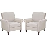 PrimeZone Comfy Accent Chair Set of 2, Mid-Century Modern Fabric Living Room Chair Reading Chair with Soft Cushion, Nailhead Trim & Rolled Armrest, Arm Chair Sofa Chair for Bedroom Waiting Room,Beige