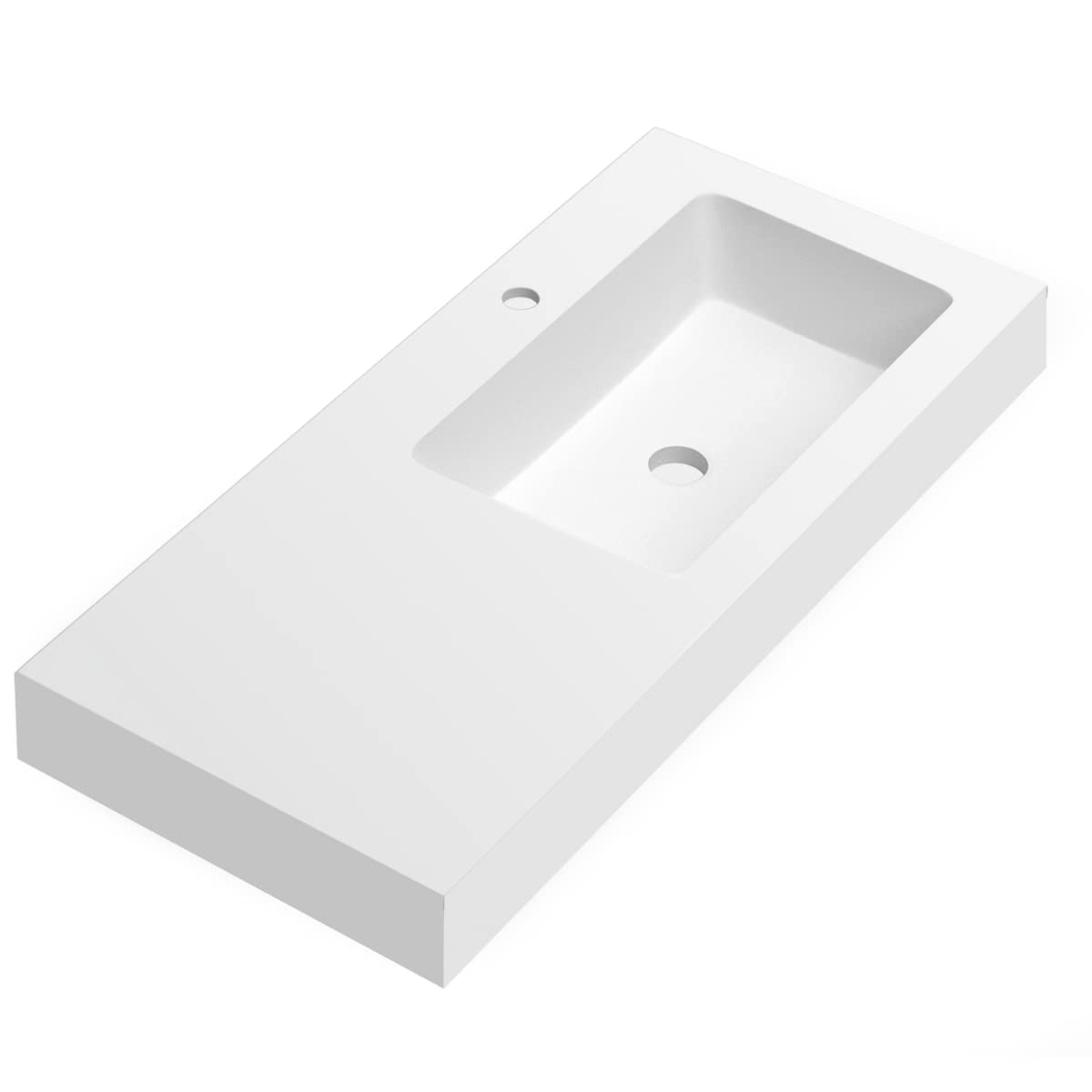 Lavabo con Faldón para Baño Solid Surface Suspendida Blanco Mate | Lavabo Suspendido Seno Desplazado a la Derecha Fondo 46cm | Espesor 10cm | 90cm (20+70)