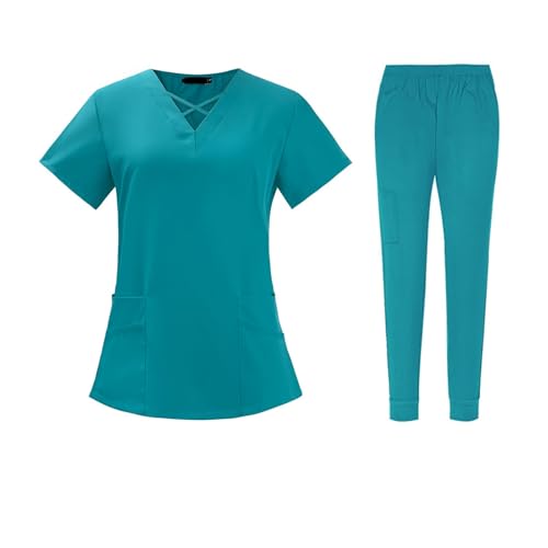 Olive Green Scrubs for Women Set 2024 Fall Medical Uniform Stretch V-Neck Top With Pockets Teal Greens X-Large