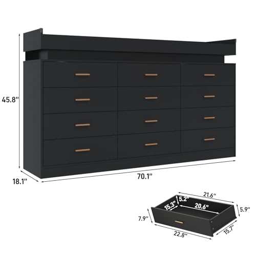 Image of jiteentarou 12 Drawer Dresser with Charging Station and LED Lights, Modern Chest of Drawers with Power Outlet, Organizer Cabinet for Bedroom, Living Room, Entryway, Black