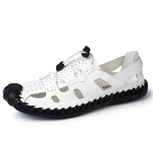 Men's Summer Hollow Leather Adjustable Straps Hand-sewn Sandals Casual Walking Sandals Hiking Closed Toe Beach Athletic Sandals Sports Trekking Outdoor Breathable Sandals