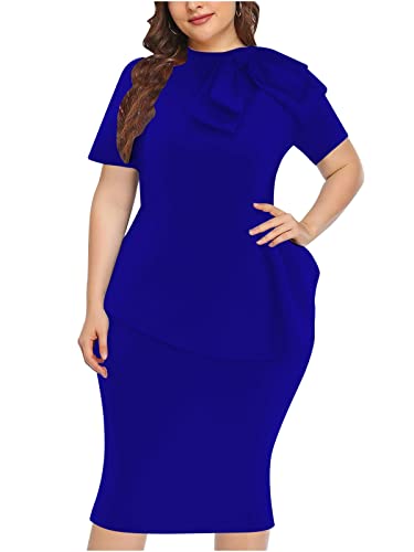 Image of WanMem Plus Size Dress for Curvy Women Semi Formal Cocktail Party Midi Dress Bodycon Short Sleeve Bow Ruffle Pencil Dresses