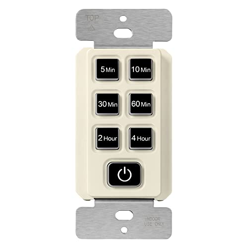 TOPGREENER 4-Hour No Neutral Wire Countdown Timer Switch, 5-10-30-60 Min 1-2-4 Hour Settings, for Fans and Lights, 120VAC 60Hz, 1/2HP, 150W LED, UL Listed, TGT06-4H-JT-LA, Light Almond