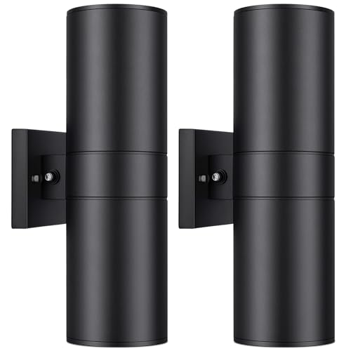Image of 14 inch Modern Outdoor Wall Light with Dusk to Dawn Sensor, Exterior Light Fixture Wall Mount Waterproof Anti-Rust Cylinder, Up and Down 2 Lights Black Sconces for Porch House Outside Entryway, 2-Pack