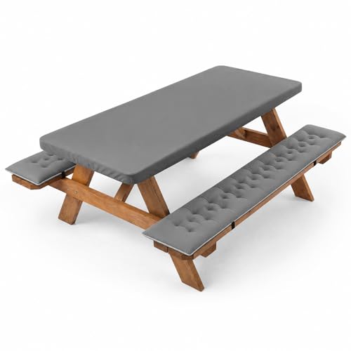 3 Pcs Picnic Bench Cushions with Table Cover Set Outdoor Waterproof Picnic Table Seat Cushion with Straps Buckles 72x10x3 in Elastic Fitted Tablecloths 6ft Rectangle Folding Easy to Carry(Dark Gray)