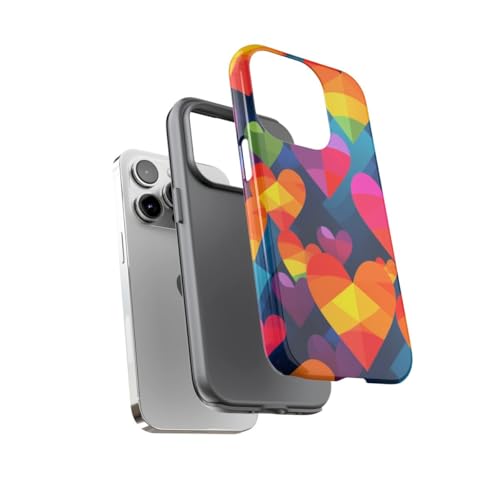 Coque iPhone 14 Pro motif cœurs géométriques colorés rigide et brillante - 3