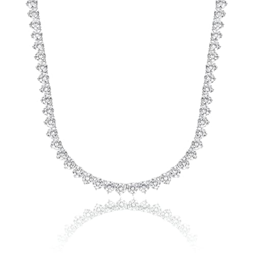 925 Sterling Silver Tennis Necklace| 3 Prong 5mm Round Cubic Zirconia Cut Faux Diamond Tennis Chain for Women and Men Bridal Wedding Jewelry 18 inches