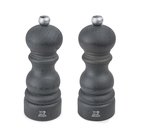 PEUGEOT – Duo Paris – Pfeffermühle + Salzmühle 15 cm – Klassische Einstellung – Aufbereitetes Holz mit PEFC-Zertifizierung – Farbe Graphit
