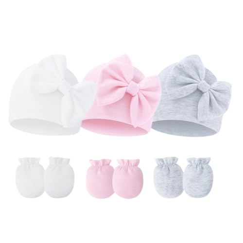 Image of Fecawd Newborn Baby Hats Mittens Sets Bow Infant Caps Gloves No Scratch Mitten Beanie Set for 0-6 Months Girls