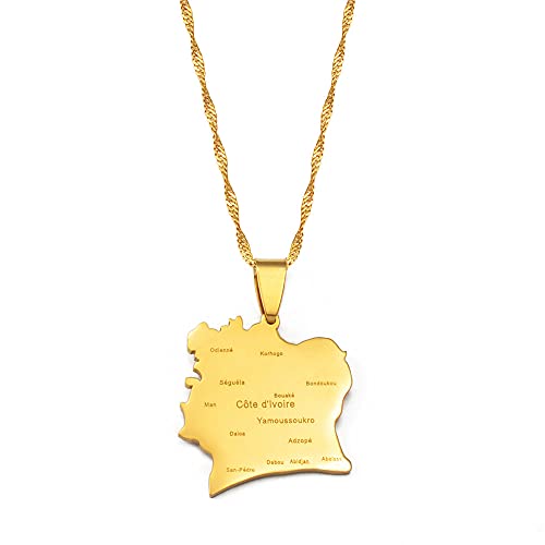 MTCDBD Cote D Ivoire Carte Collier Décoration Ethnique, Côte D'Ivoire Carte Pendentif avec Nom De Ville Accessoires De Vêtements Ethniques Élégante Chaîne De Clavicule, Pendentif Patriotique Cadeau,A