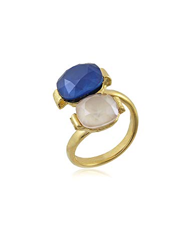 Malu Maiese   Anillo de diseño exclusivo doble ajustable Chapado en Oro 18k con dos cristales (Azul y Crudo)