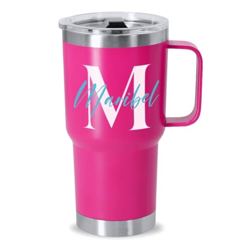 DEREGALOOS. Taza Térmica Personalizada con Inicial y Nombre. Termo Personalizado. Acero Inoxidable Reciclado 600ml. Regalo para Pareja, Amigos. Ideal para Oficina, Gimnasio (Fucsia)