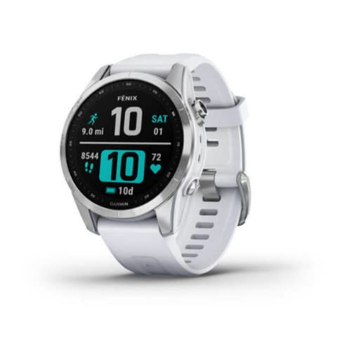 Image of Garmin Fenix 7S, Smaller Sized Adventure smartwatch, Rugged Outdoor Watch with GPS, Touchscreen, Health and Wellness Features, Silver with Whitestone Band