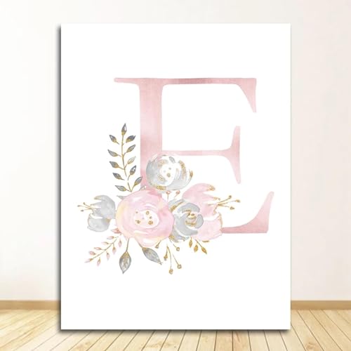 Toile lettre E fleurs decoration salon et chambre fille tableau personnalise 60x90cm