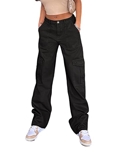Perbai Women's Baggy Cargo Jeans Low Rise Wide Leg Denim Pants Y2K Streetwear