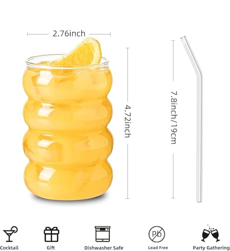 Image of Round Wave Cola Mug Can Sipper with Straw - 510ml Reusable Aesthetic Glass Tumbler for Juice, Milk, Smoothies, Iced Coffee, Tea, Water & More - Durable Drinking Cup (Round Cup Wave)
