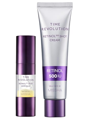 MISSHA Time Revolution Night Repair Retinol Intensive Ampoule + Retinol 500 Shot Cream Bundle – Advanced Korean Skincare Duo for Skin Barrier Strengthening, Improved Elasticity, Overnight Moist