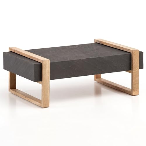 Wohnling Couchtisch 105x66x40 cm Mango Massivholz/Steinoptik Sofatisch Anthrazit, Design Wohnzimmertisch Kaffeetisch Massiv, Tisch Wohnzimmer Rechteckig Modern
