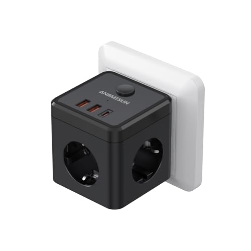 ANRMESUN Cubo Enchufe con USB 6 en 1, Ladron Enchufes Triple Múltiples Pared con 3 Tomas de CA, 2 USB A, 1 USB C y Cambiar, Enchufe Multiple con USB Cubo de Poder para Oficina, Cocina y Habitación