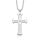 Gem Stone King Men's Scratch-Proof Tungsten Carbide Religious Cross Pendant Necklace For Men with White Lab Grown Diamonds on Stainless Steel Chain | G-H Color | VS2-SI1 Clarity