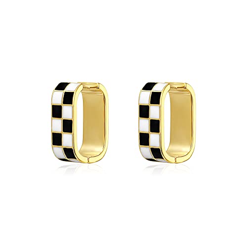 Fashion Checker Chunky Oval Hoop Earrings for Women Dainty 925 Sterling Silver Post 14K Gold Plated Huggie Hoops White Black Green Enamel Minimalist Hooped Hypoallergenic Jewelry