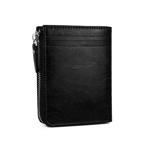 Mens Wallet, Minimalist PU Leather Wallet Bifold Card Holder Zipper Wallet with ID Window Zipper Coin Pocket (Black)
