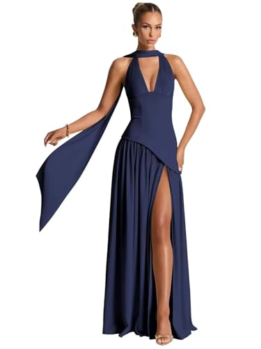 Halter Bridesmaid Dress with Scarf Chiffon Prom Dresses 2025 Long A-Line Formal Party Gowns with Slit DKO054