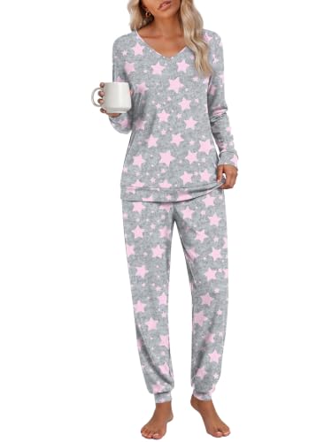 Anydoll Womens 2 Piece Pajamas Sets Fall Long Sleeve Sleepwear Comfy Soft Loungewear with Pockets Pink Stars Small