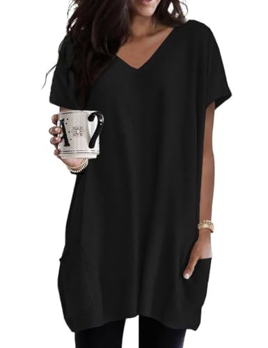 Poetsky Summer Womens Tunic Tops for Leggings with Pockets Vneck Short Sleeve Casual Long T Shirts S-3XL