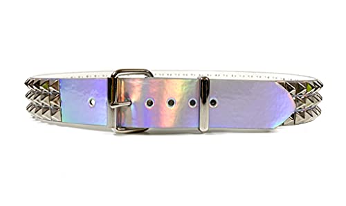 Silver Rainbow Holographic Three Row Black Pyramid Stud Rave Studded Belt Vegan Punk Goth3