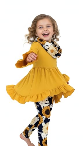 Image of Unique Baby Girls Kids Toddler 3pc Outfit Set Long Sleeve Cotton Blend Tunic Top Leggings and Scarf