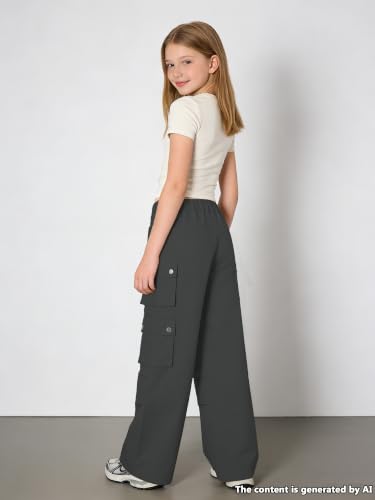 Image of SANGTREE Girls Wide Leg Cargo Pants Multi Pocket,6-14 Years | Cotton High Waist Baggy Trousers with Pockets Teen Y2K Streetwear School Pants| Back-to-school,Outdoor Play