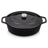 vancasso Enameled Cast Iron Oval Dutch Oven, 9.3 Quart with Non-Stick Enamel Coating for Bread Baking, Black Double Handle Pot with Lid