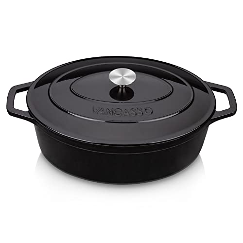 Image of vancasso 9.3 Qt Oval Enameled Cast Iron Dutch Oven with Lid, Black | Bread baking, roasting, braising, self-basting lid, oven to 500F on gas, induction, ceramic, non-toxic enamel, family size.